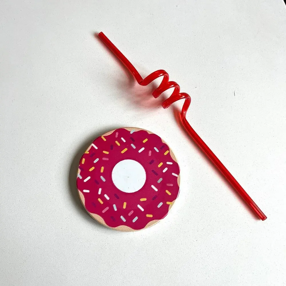 💜 Ceramic Coaster and Twisty Straw, Donut